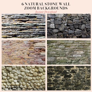 May include: Six close-up images of natural stone walls. The walls are made of various types of stone, including brick, slate, and cobblestone. The images are perfect for use as backgrounds or textures.