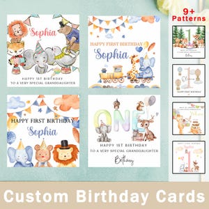 Personalisierte Enkelin 1. Geburtstagskarte, süße Tierkarte, Geschenk für sie, personalisiertes Datum, neutrale Pastellfarben, bestes Geschenk
