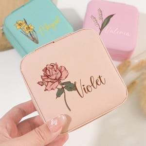 Personalisierte Geburt Blumen Schmuckschatulle, Reise Schmuckschatulle, Geburtstagsgeschenk für Frauen, Brautparty Geschenke, Geschenk für sie, Brautjungfer Geschenke