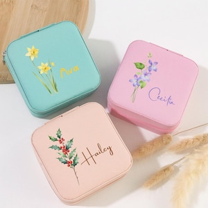 Custom Birth Flower Jewellery Box,Leather Jewellery Travel Box,Jewellery Organizer,Travel Jewellery Case,Birthday Gifts for Her,Mother&#39;s Day