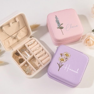 Personalisierte Geburt Blumen Schmuckschatulle, Reise Schmuckschatulle, Geburtstagsgeschenk für Frauen, Brautparty Geschenke, Geschenk für sie, Brautjungfer Geschenke