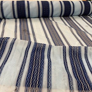 Vintage 1960’s-70’s Loose Weave Drapery Fabric Blue Chain Striped BTY MCM Semi Sheer