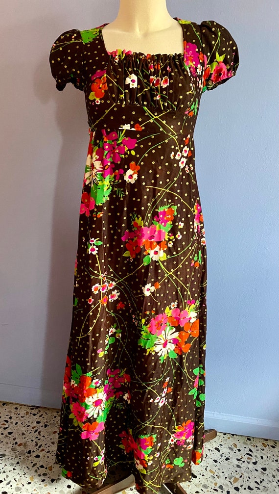 Vintage 1970’s Acetate Maxi Dress Boho Floral Meta