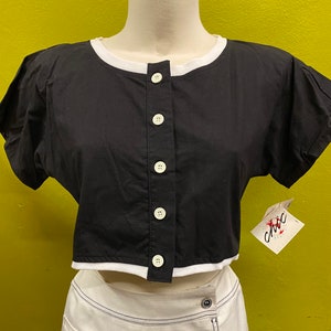 Vintage 1980’s CHIC  Crop Top Black White Button Small