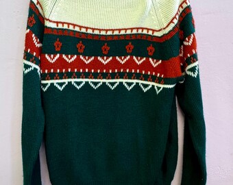 Vintage 1970’s Boys Nordic JC Penney Green Orange Ski Sweater Large