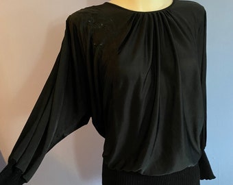 Vintage 1970’s Black Poly Jump For Charley LTD Shirt Top Disco Dolman Sleeve