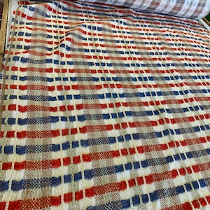 Vintage 1960’s-70’s MCM Loose Weave Drapery Blue Red Striped Fabric Woven 48” wide BTY
