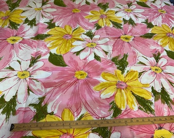Huge Vintage 1960’s Drapery Fabric Pink Yellow Green Flowers  MCM 3 yards x 4 yards Remnant