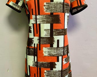 Vintage 1970’s Lady Carol Brown Orange Abstract Knit Poly Dress Mod