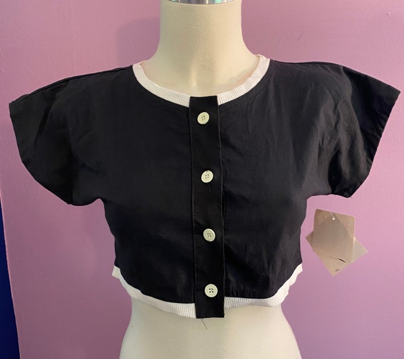 Vintage 1980’s CHIC Crop Top Black White Button S… - image 1