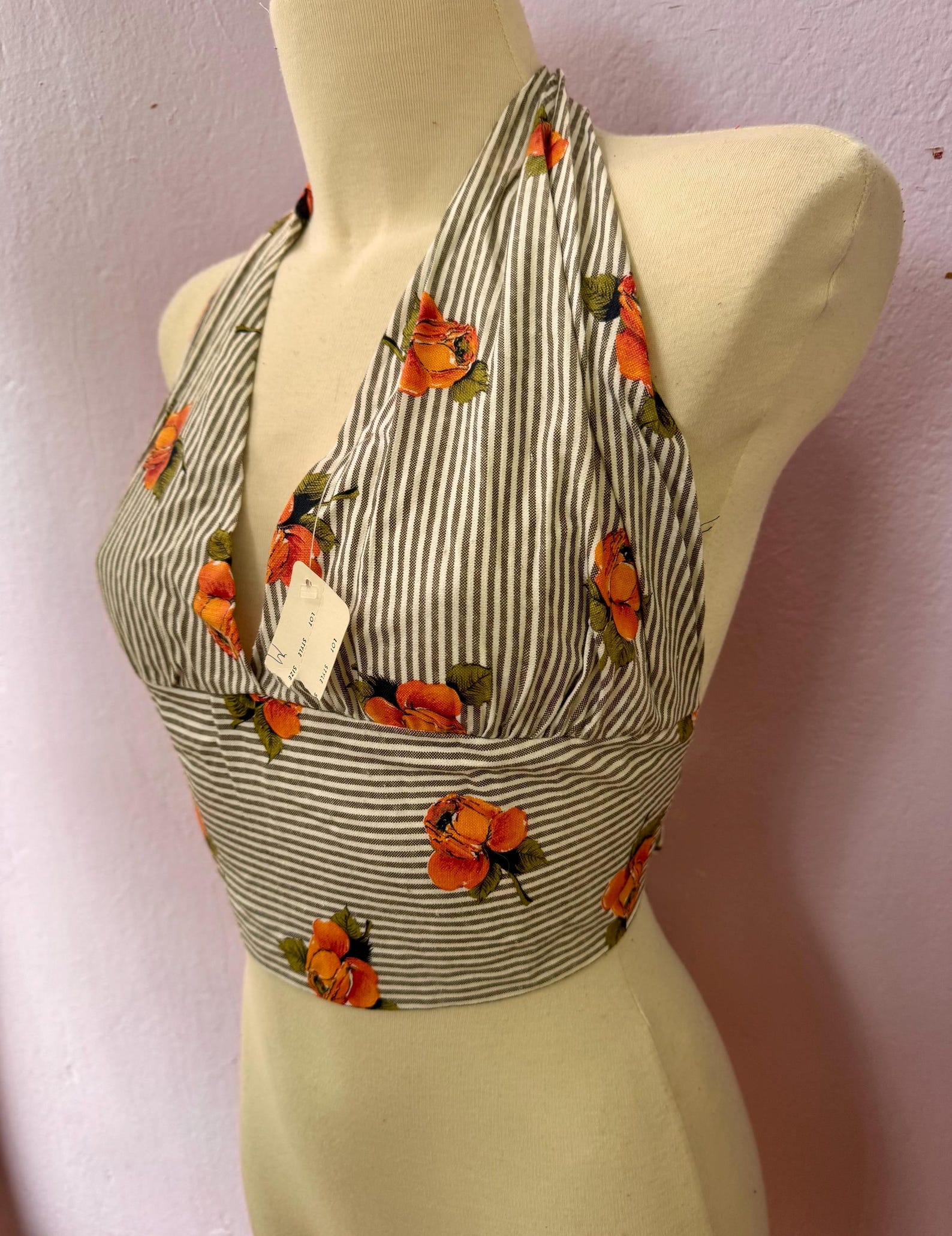 Vintage Striped Pattern Tie Backless Halter Crop Top