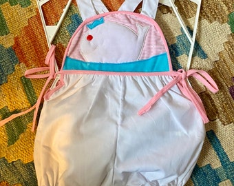 Vintage 1960’s-70’s Baby 9 month Whale Pink Blue Suit One Piece Summer Bow Unworn Tags