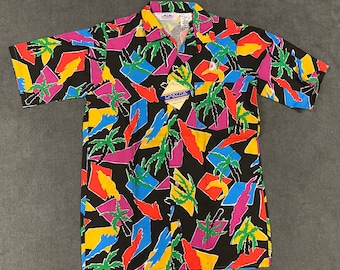 Vintage 80’s 90’s Dakota by Five Brother Graphic  Beach Surfer Shirt Button Down S Tropical Mens