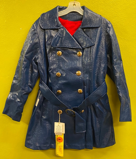 Vintage 1970’s Blue Vinyl Coat Jacket Double Brea… - image 1