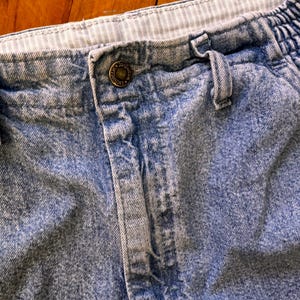 May include: Close-up of light blue denim shorts. The shorts have a button closure with the text "ORIGINAL" on the button. The waistband is elasticized with a striped pattern. The denim has a faded, worn appearance.