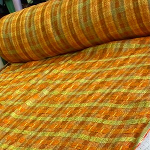Vintage 1960’s-70’s MCM Drapery Orange Gold Green Striped Loose Weave Fabric 47” wide By the Yard Woven