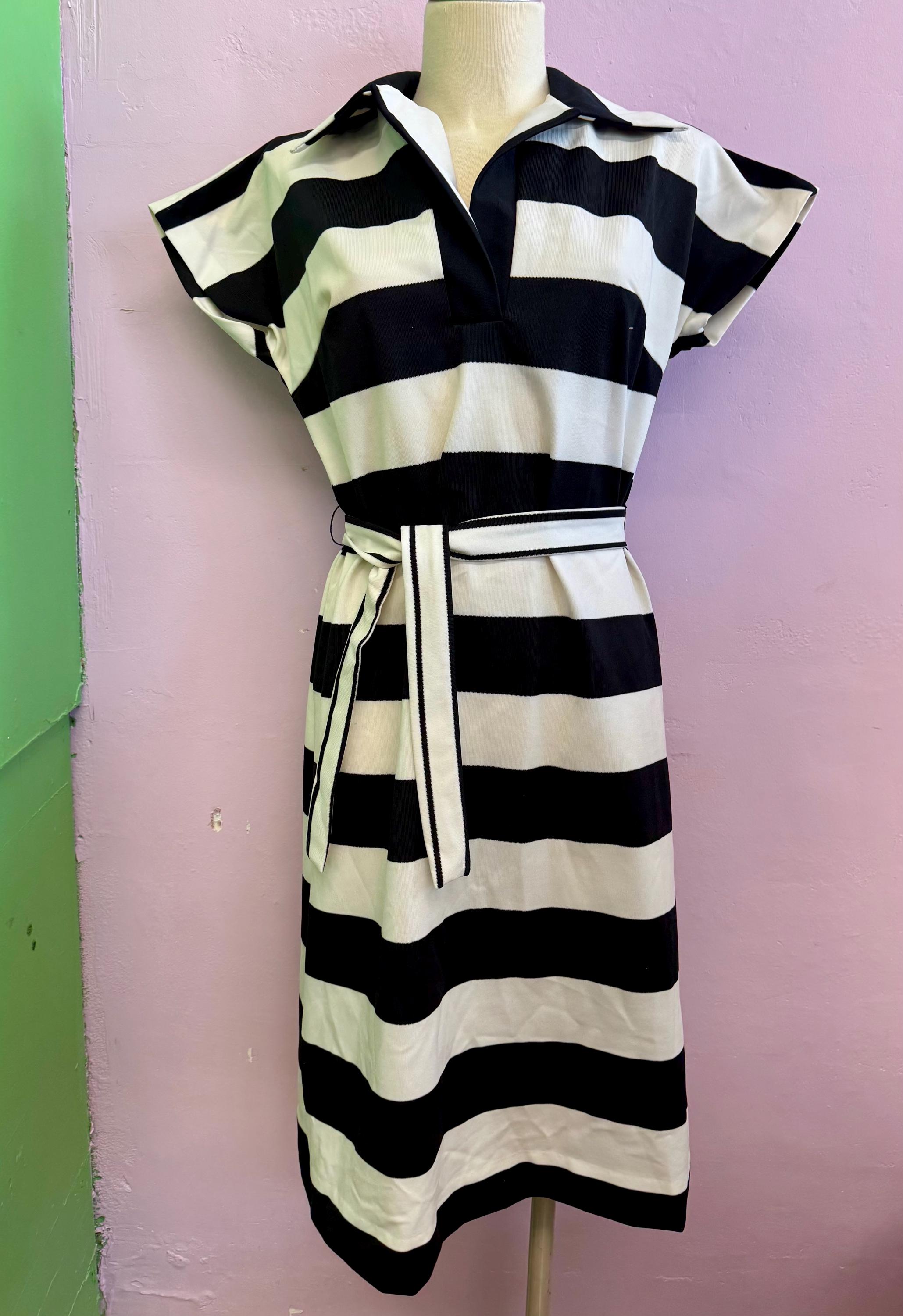 horizontal black and white striped dress Monte Carlo | Black & White Striped Square-Neck Drop-Waist Midi Dress main image 1