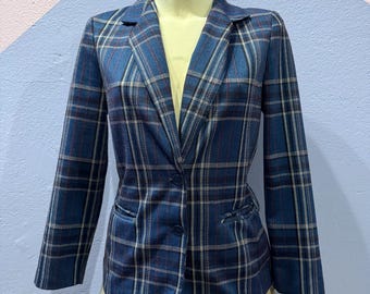 Vintage 1970’s  Blue Devon Plaid 2 Button Plaid Jacket Pockets 36