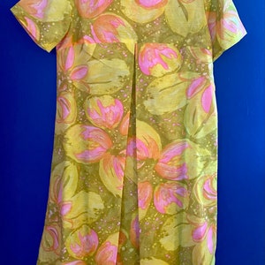 Vintage 1960s Flower Power Pink Green Dress Deadstock Tags Semi Sheer S image 1