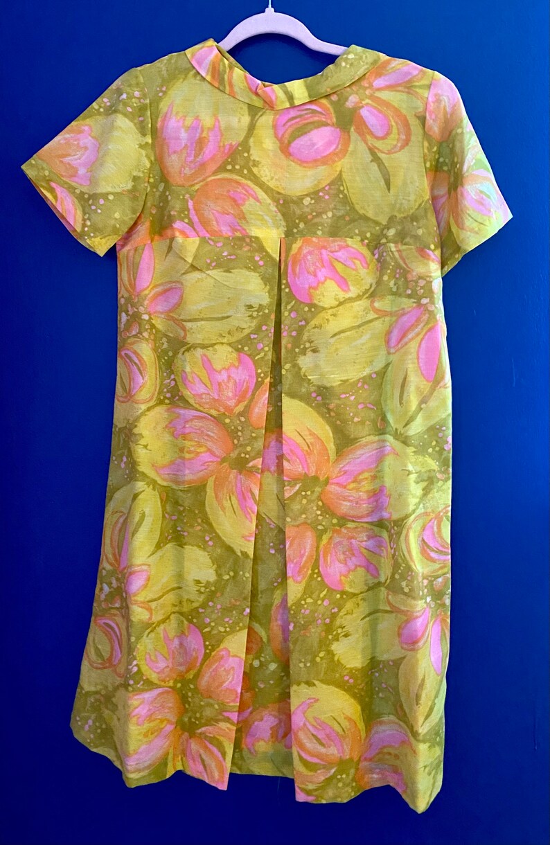 Vintage 1960s Flower Power Pink Green Dress Deadstock Tags Semi Sheer S image 1