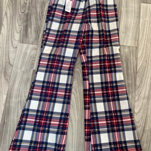 Vintage 1970’s Girls Plaid Houndstooth Groovy Bellbottom Flares Pants Blue Red 28w Unworn Deadstock Japan corduroy