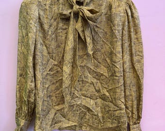 Vintage 1980’s Bill Blass Blassport Gold Black Crosshatch Silk Shirt Blouse Tie Front