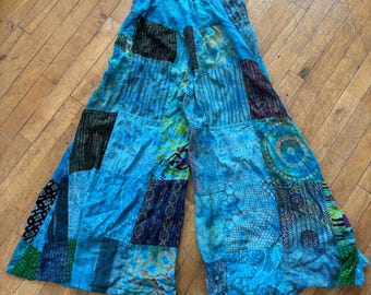 Vintage Kathmandu Ladies Blue Patchwork Cotton Palazzo Pants Extra Wide Leg