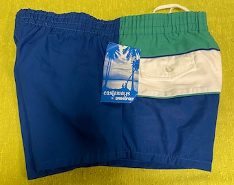 Vintage 1970’s Castaways Swim Trunks Swimsuit Boys Large 16-18 Unworn Blue Green