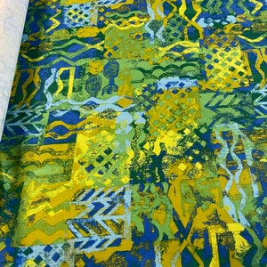 Vintage MCM 1960’s Blue Green Waverley Abstract Fabric Cotton Drapery Upholstery BTY