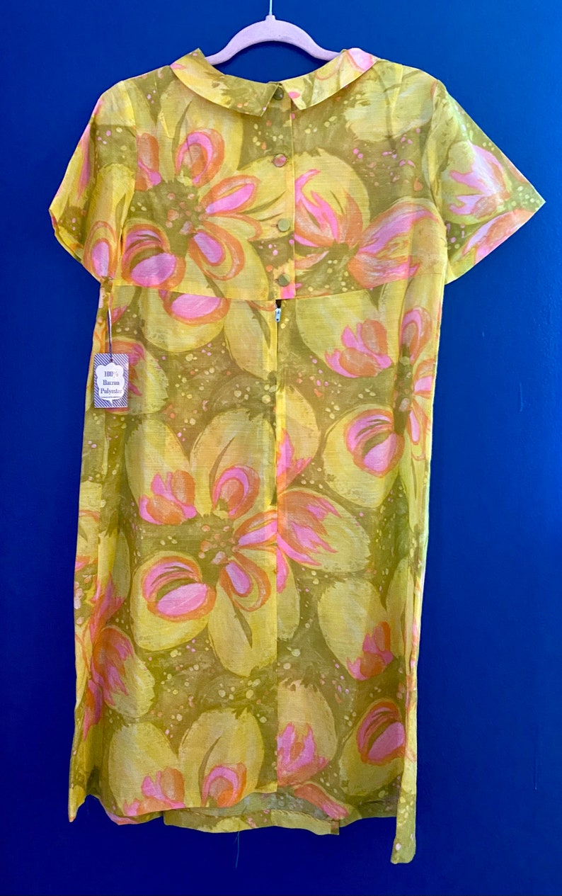 Vintage 1960s Flower Power Pink Green Dress Deadstock Tags Semi Sheer S image 4