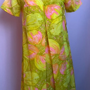 Vintage 1960s Flower Power Pink Green Dress Deadstock Tags Semi Sheer S image 2