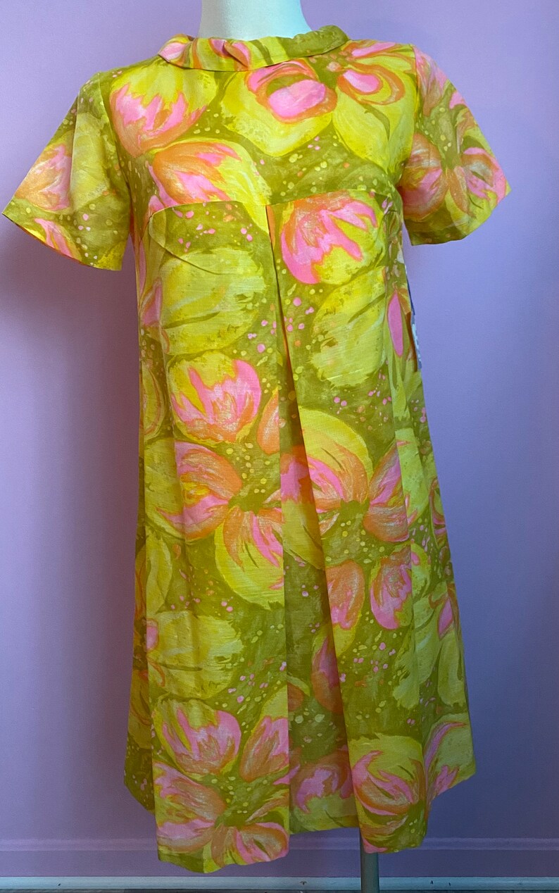 Vintage 1960s Flower Power Pink Green Dress Deadstock Tags Semi Sheer S image 2