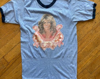 Vintage 1970’s Blue Farah Fawcett Majors Ringer Charlie’s Angels Iron On T shirt 34
