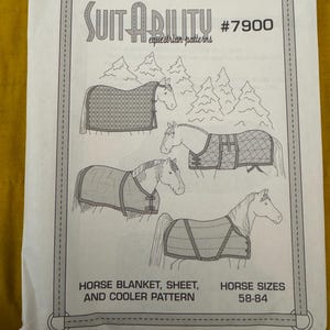 May include: A white package featuring a pattern for horse blankets, sheets, and coolers. The package includes illustrations of horses wearing different blanket styles. Text on the package reads "SUITABILITY equestrian patterns #7900" and "HORSE SIZES 58-84".