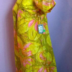 Vintage 1960s Flower Power Pink Green Dress Deadstock Tags Semi Sheer S image 3