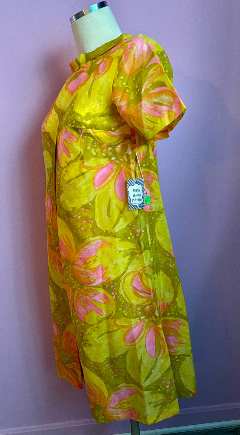 Vintage 1960s Flower Power Pink Green Dress Deadstock Tags Semi Sheer S image 3