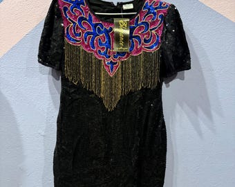 Vintage 1990’s Elegance by Anujan Silk Black Blue Pink Sequined Beaded Dress M Deadstock Tags