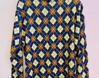 Vintage 1970’s Argyle Ram A California Creator Pullover Knit Sweater Solid Ring Collar 40