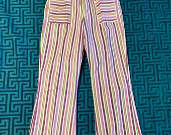 Vintage 1970’s Girls Creations by Maverick Striped Bellbottom Flares Jeans Denim Pants size 14,  27 x 27 Deadstock Tags Blue Bell