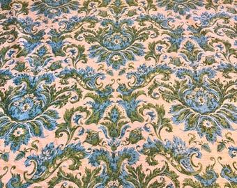 Vintage 1960’s MCM Blue Green Waverly Via Veneto Fabric 100% Cotton Light Upholstery Drapery BTY Deadstock