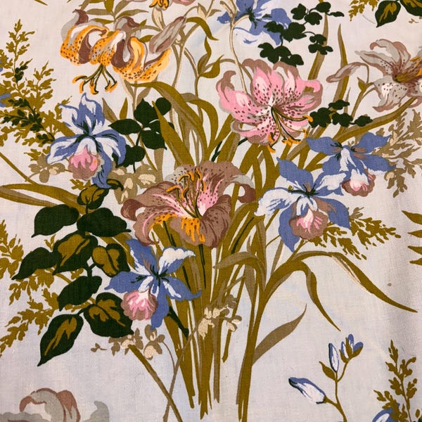 Vintage 1960’s House N Home Fabric Screen Print Cotton Floral Pink Blue BTY MCM Drapery Upholstery Deadstock