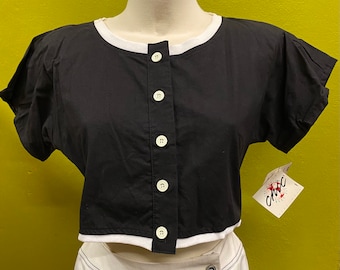 Vintage 1980’s CHIC  Crop Top Black White Button Small
