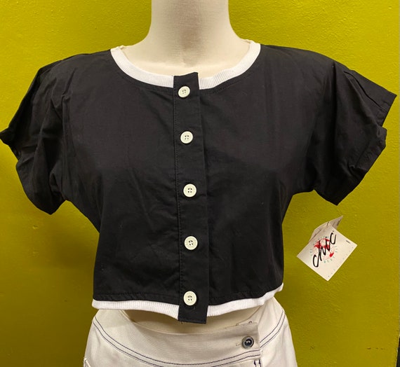 Vintage 1980’s CHIC  Crop Top Black White Button … - image 1