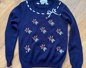 Vintage 1970’s Cyn Les by Shirlee Embroidered Flower Bow Acrylic Sweater L
