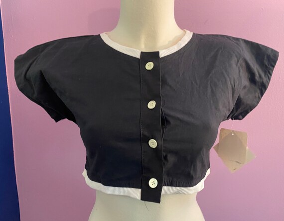 Vintage 1980’s CHIC Crop Top Black White Button S… - image 3