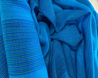 Vintage 1960’s-70’s Blue Gold Semi Sheer Loose Open Weave Drapery Fabric 48” BTY Curtains MCM Striped Deadstock