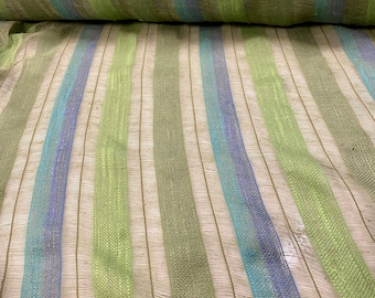Vintage 1960’s-70’s Loose Open Weave LINEN Drapery Fabric Blue Green Striped BTY MCM Curtains Deadstock