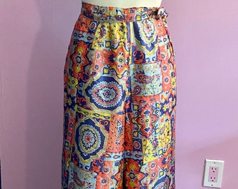 Vintage 1970’s Ladies Paisley Wrap Around Palazzo Pants Extra Wide Leg Satin