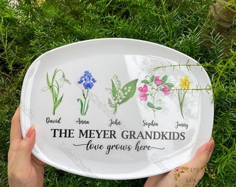 Personalized Birth Month Flowers Resin Plate, Grandma's Garden Platter, Mom's Garden Platter, Grandma Mom Floral Plate, Mother's Day Gift