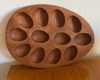 Vintage Mid Century Teak Deviled Egg Serving Tray-Egg Shape-Knobler 1960s